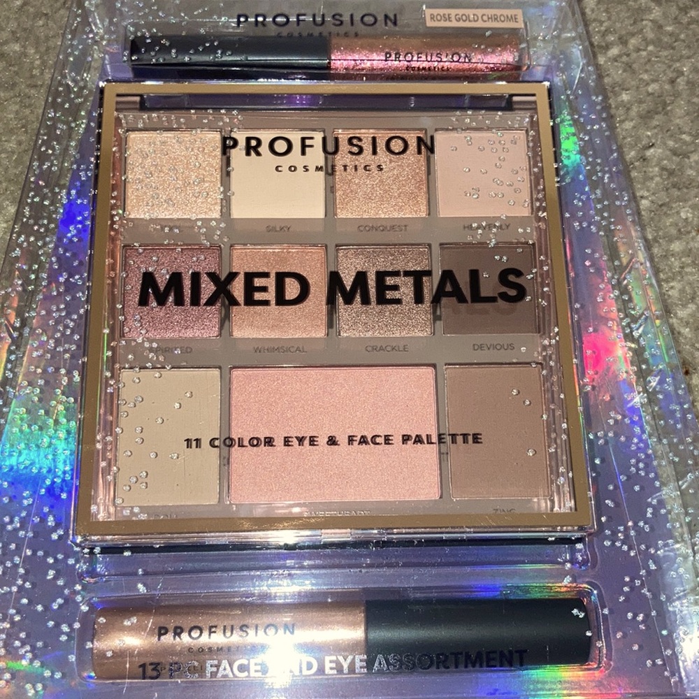 Profusion cosmetics Mixed Metals 11 color eye and face palette. Two lip gloss.